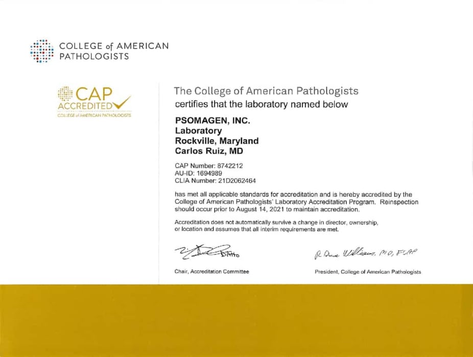 CAP/CLIA Certifications Psomagen