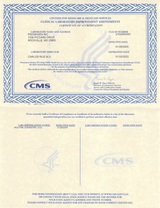 CAP/CLIA Certifications Psomagen