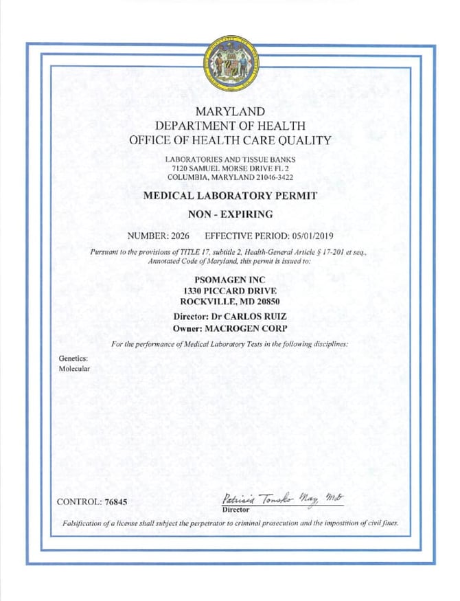 CAP/CLIA Certifications Psomagen