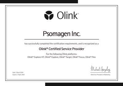 Psomagen Olink Certified Service Provider certificate