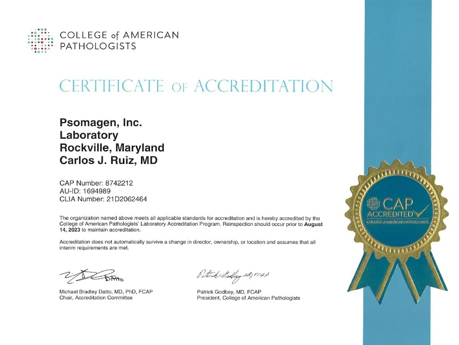 CAP/CLIA Certifications Psomagen